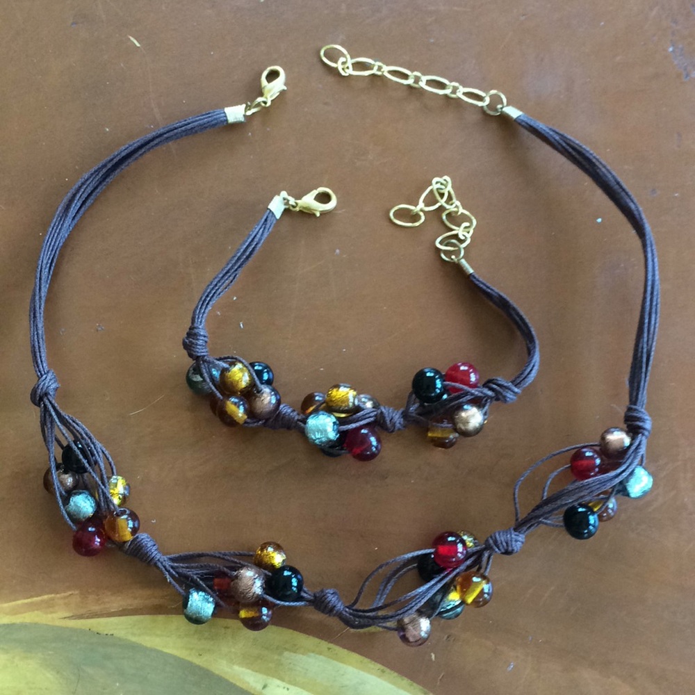 Brown cord beaded necklace and bracelet set